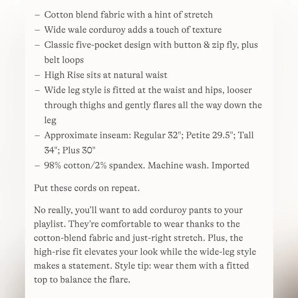 Land's End Corduroy Wide Wale High Rise Stretch Jeans Rich Coffee Wide Leg 8 - Picture 6 of 10